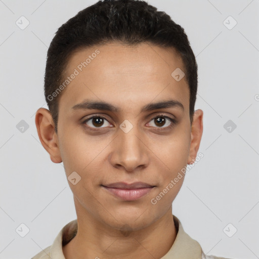 Joyful latino young-adult male with short  brown hair and brown eyes