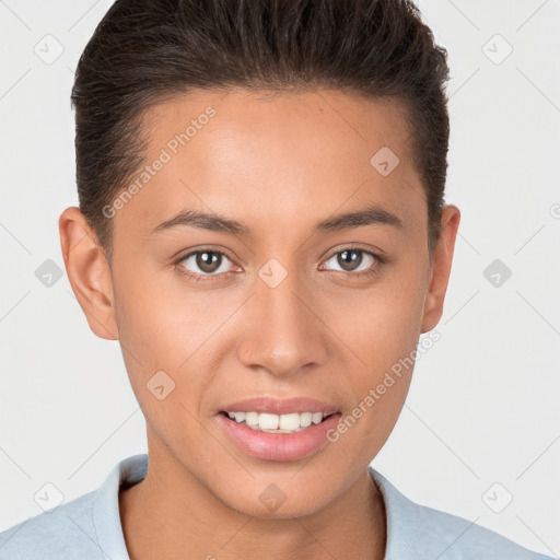 Joyful white young-adult female with short  brown hair and brown eyes