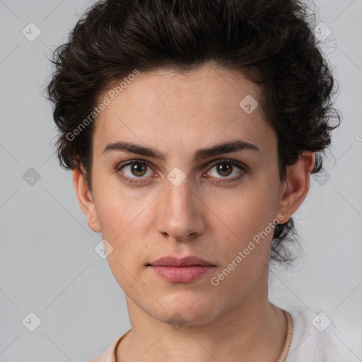 Neutral white young-adult female with short  brown hair and brown eyes