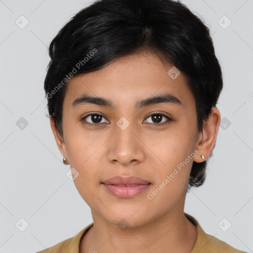 Joyful latino young-adult female with short  black hair and brown eyes