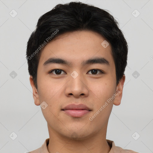 Neutral asian young-adult male with short  black hair and brown eyes