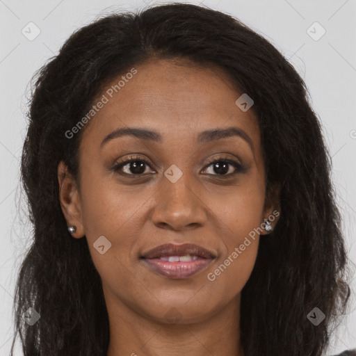 Joyful latino young-adult female with long  brown hair and brown eyes