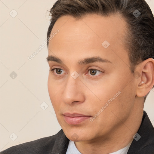 Neutral white young-adult male with short  brown hair and brown eyes