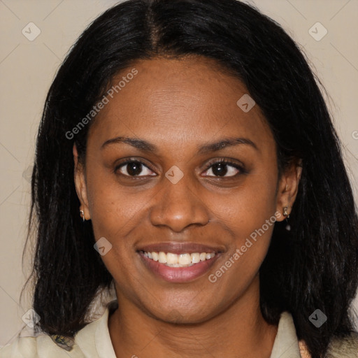 Joyful latino young-adult female with medium  brown hair and brown eyes