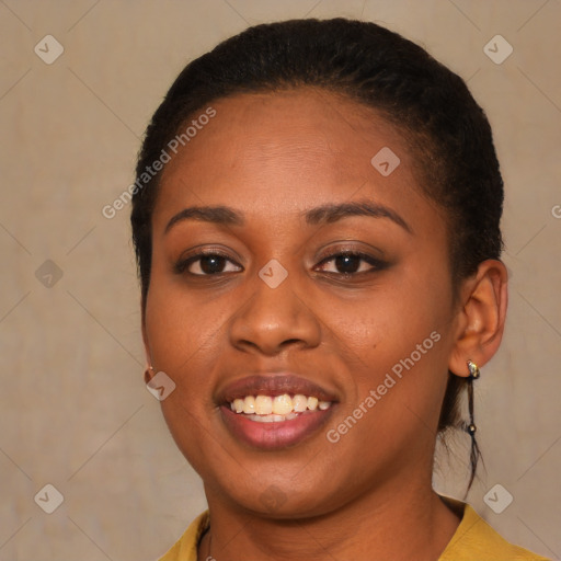 Joyful latino young-adult female with short  brown hair and brown eyes