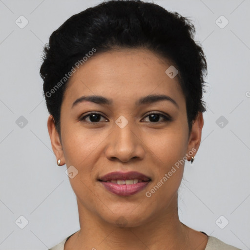 Joyful latino young-adult female with short  black hair and brown eyes