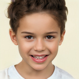 Joyful white child female with short  brown hair and brown eyes