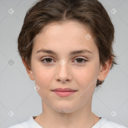 Joyful white child female with short  brown hair and brown eyes