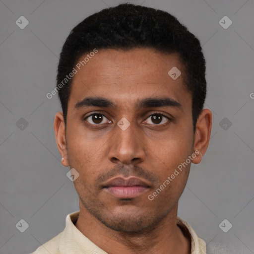 Neutral latino young-adult male with short  black hair and brown eyes