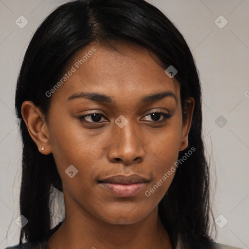 Joyful black young-adult female with medium  black hair and brown eyes