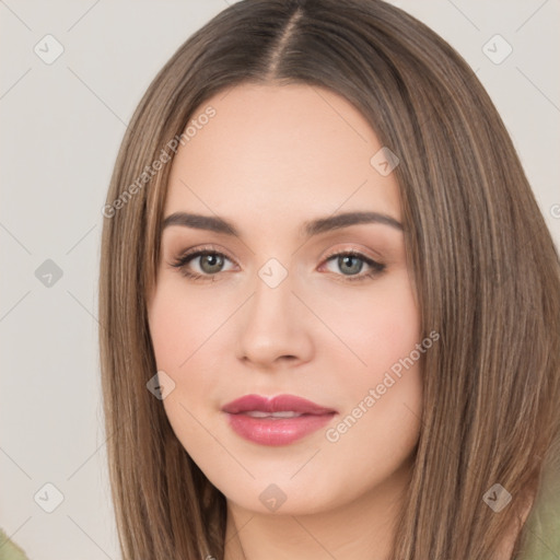 Neutral white young-adult female with long  brown hair and brown eyes