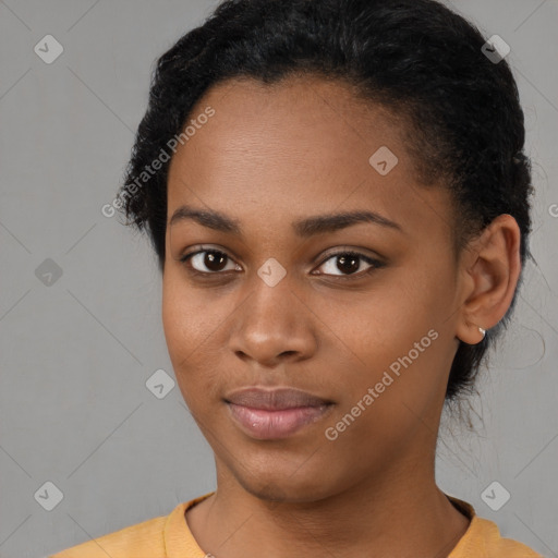 Neutral black young-adult female with short  black hair and brown eyes