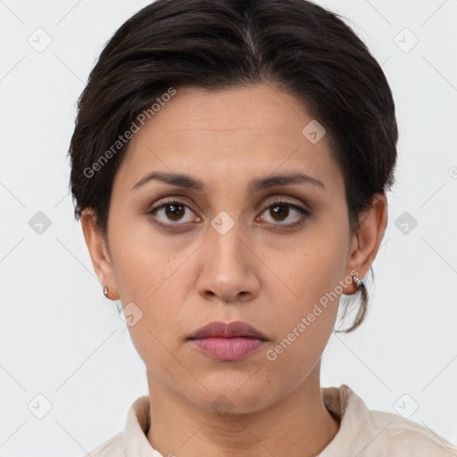 Neutral white young-adult female with short  brown hair and brown eyes