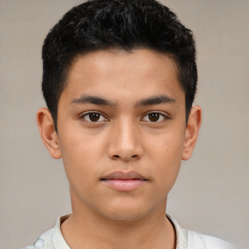 Neutral latino young-adult male with short  black hair and brown eyes