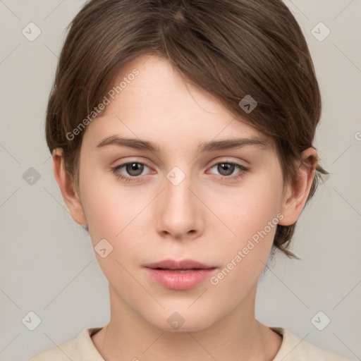 Neutral white young-adult female with medium  brown hair and brown eyes