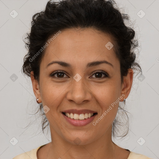 Joyful latino young-adult female with short  brown hair and brown eyes