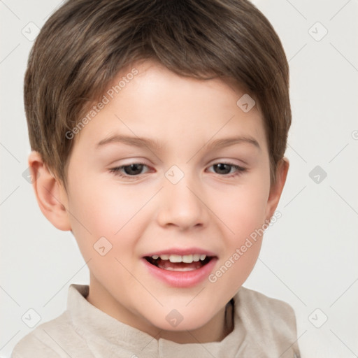 Joyful white child male with short  brown hair and brown eyes