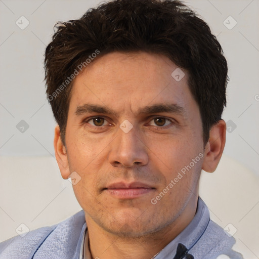 Neutral white adult male with short  brown hair and brown eyes