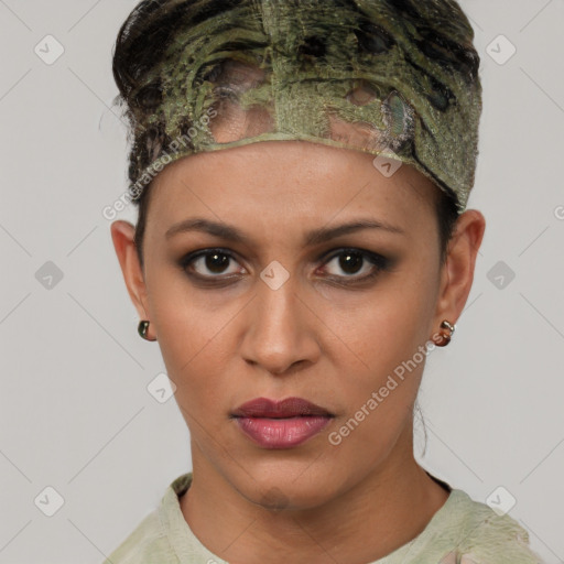 Joyful latino young-adult female with short  brown hair and brown eyes