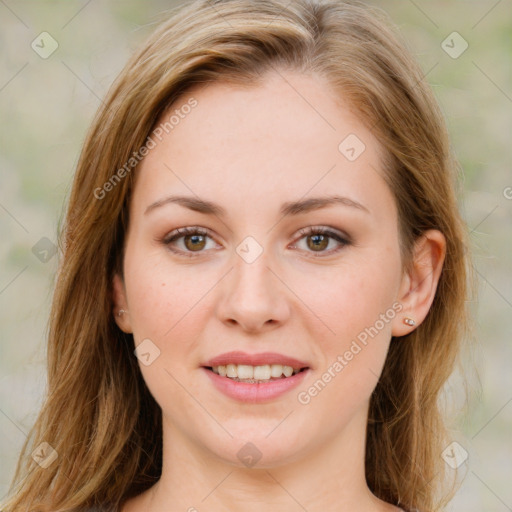 Joyful white young-adult female with medium  brown hair and green eyes