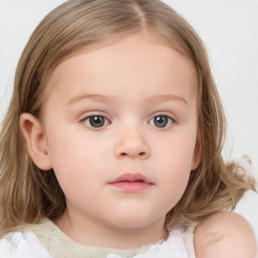 Neutral white child female with medium  brown hair and grey eyes