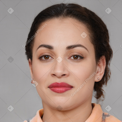 Joyful latino young-adult female with medium  brown hair and brown eyes