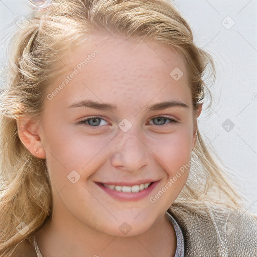 Joyful white young-adult female with long  brown hair and blue eyes