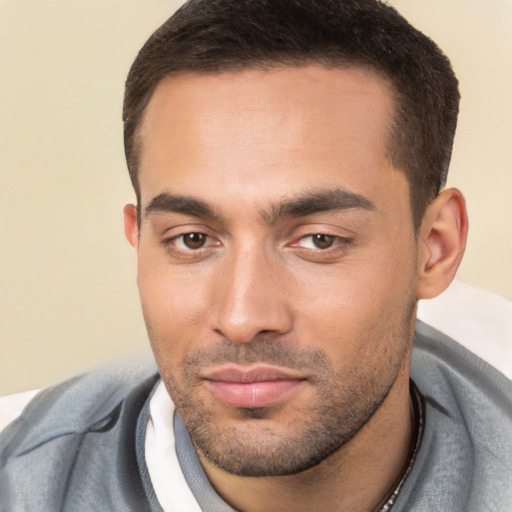 Neutral white young-adult male with short  brown hair and brown eyes