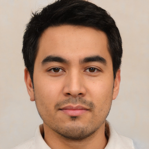 Neutral asian young-adult male with short  black hair and brown eyes