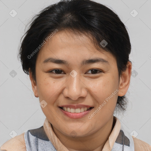 Joyful white adult female with medium  brown hair and brown eyes