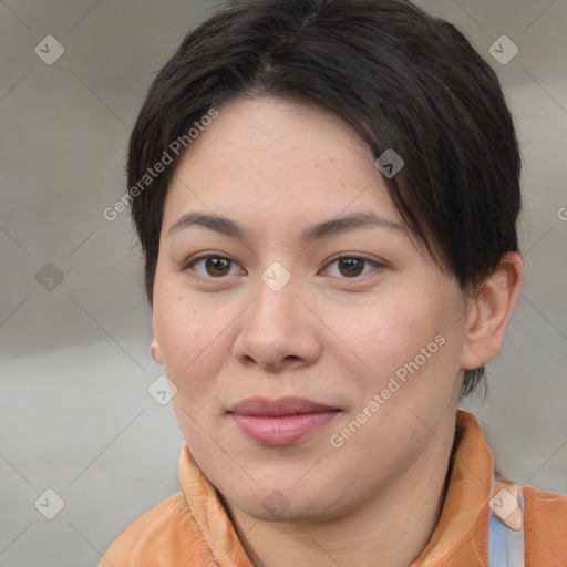 Joyful white young-adult female with medium  brown hair and brown eyes