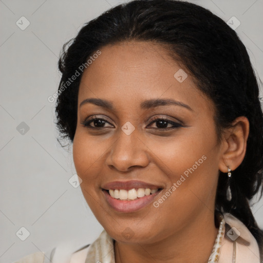 Joyful latino young-adult female with long  brown hair and brown eyes