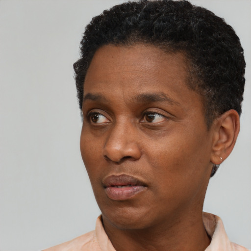 Neutral black adult male with short  black hair and brown eyes