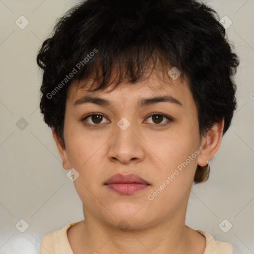 Neutral asian young-adult female with short  brown hair and brown eyes