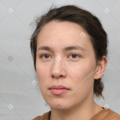 Neutral white young-adult female with medium  brown hair and brown eyes