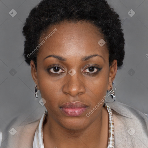 Neutral black young-adult female with short  black hair and brown eyes