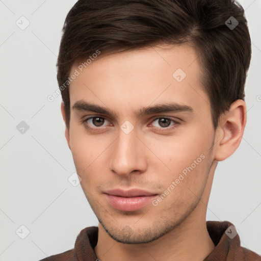 Neutral white young-adult male with short  brown hair and brown eyes