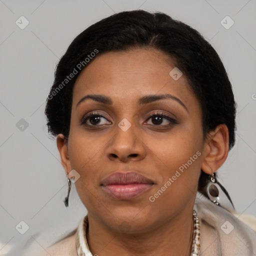 Joyful latino young-adult female with short  brown hair and brown eyes