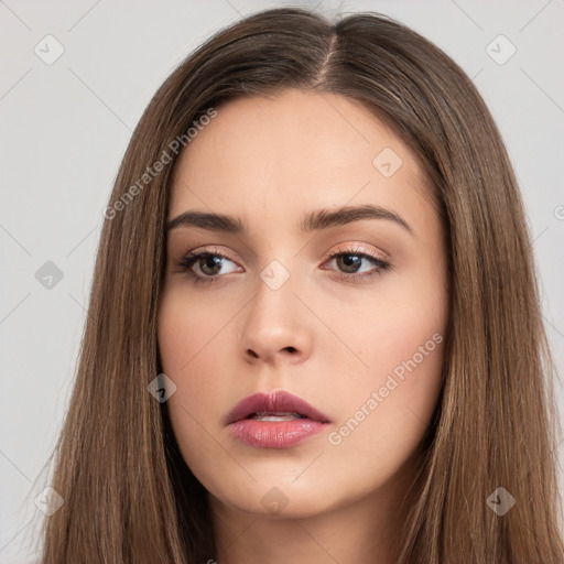 Neutral white young-adult female with long  brown hair and brown eyes