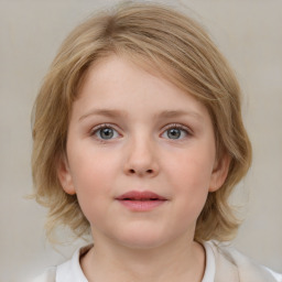 Neutral white child female with medium  brown hair and blue eyes