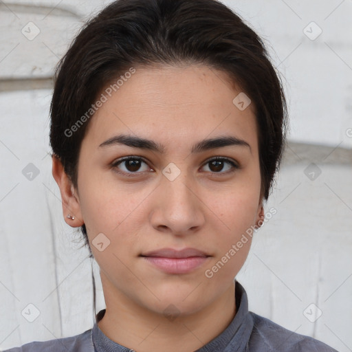 Joyful white young-adult female with medium  brown hair and brown eyes