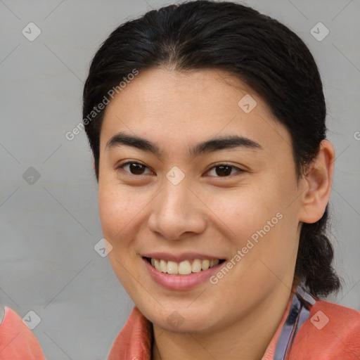 Joyful white young-adult female with medium  brown hair and brown eyes