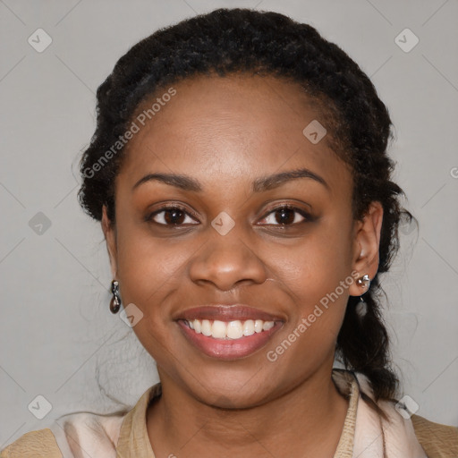 Joyful latino young-adult female with short  black hair and brown eyes