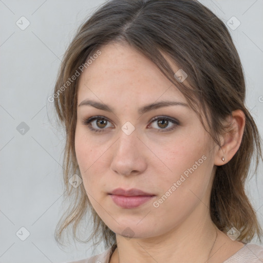 Neutral white young-adult female with medium  brown hair and brown eyes