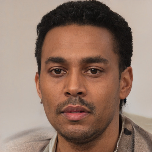 Neutral latino young-adult male with short  black hair and brown eyes