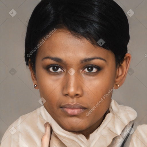 Neutral asian young-adult female with medium  black hair and brown eyes