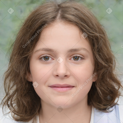 Joyful white child female with medium  brown hair and brown eyes