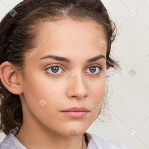 Neutral white young-adult female with medium  brown hair and brown eyes