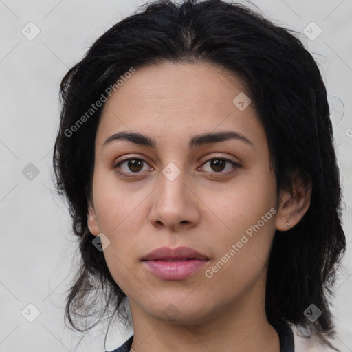 Neutral latino young-adult female with medium  black hair and brown eyes