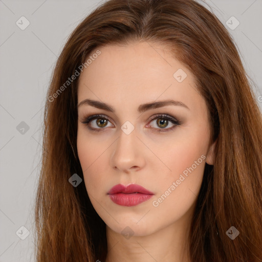 Neutral white young-adult female with long  brown hair and brown eyes